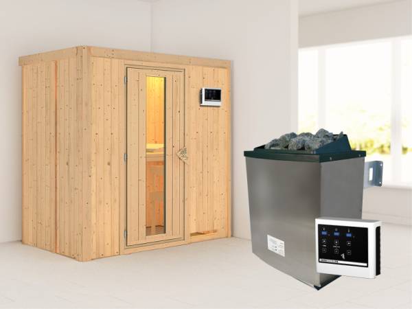 Karibu Sauna Variado- energiesparende Saunatür- 4,5 kW Ofen ext. Strg- ohne Dachkranz
