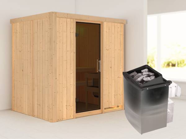 Karibu Sauna Bodin inkl. 9 kW Ofen integr. Steuerung, mit moderner Saunatür -ohne Dachkranz-