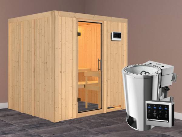Daria - Karibu Sauna Plug &amp; Play 3,6 kW Bio Ofen, ext. Steuerung - ohne Dachkranz - Klarglas Ganzglastür