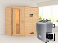 Karibu Sauna Svea - energiesparende Saunatür - 4,5 kW Ofen ext. Strg. - ohne Dachkranz