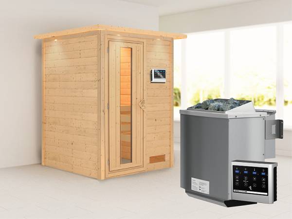 Karibu Woodfeeling Sauna Svenja- energiesparende Saunatür- 4,5 kW Bioofen ext. Strg- mit Dachkranz