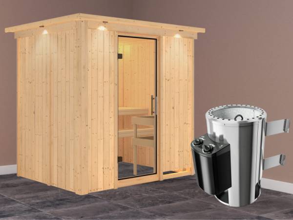 Fanja - Karibu Sauna Plug &amp; Play 3,6 kW Ofen, int. Steuerung - mit Dachkranz - Klarglas Ganzglastür