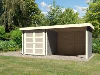 Karibu Gartenhaus Mühlendorf 2 in terragrau mit Anbaudach 2,80 m inklusive Rück-und Seitenwand