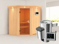 Tonja - Karibu Sauna Plug & Play inkl. 3,6 kW-Ofen ext. Steuerung - mit Dachkranz -