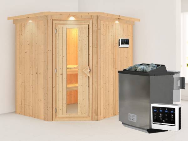 Karibu Sauna Siirin 68 mm- energiesparende Saunatür- 4,5 kW Bioofen ext. Strg- mit Dachkranz