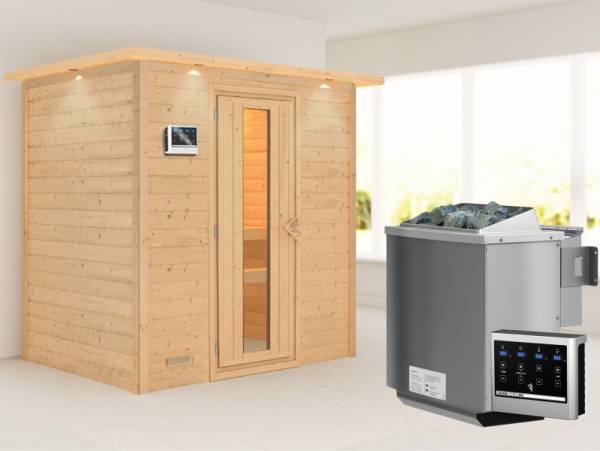 Karibu Woodfeeling Sauna Sonja - energiesparende Saunatür - 4,5 kW BIO-Ofen ext. Strg. - mit Dachkranz