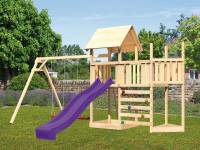 Akubi Spielturm Lotti Satteldach + Schiffsanbau oben + Anbauplattform + Doppelschaukel + Kletterwand + Rutsche in violett