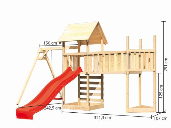 Akubi Spielturm Lotti Satteldach + Schiffsanbau oben + Einzelschaukel + Anbauplattform XL + Kletterwand + Rutsche in rot