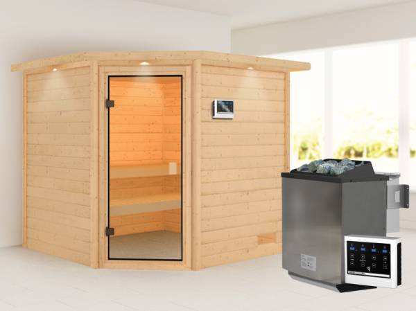 Karibu Sauna Tilda inkl. 9 kW Bioofen ext. Steuerung mit klassischer Saunatür -mit Dachkranz-