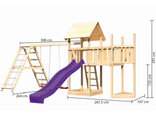 Akubi Spielturm Lotti Satteldach + Schiffsanbau oben + Anbauplattform + Doppelschaukel mit Klettergerüst + Rutsche in violett