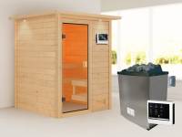 Karibu Sauna Sandra inkl. 9 kW Ofen ext. Steuerung mit klassischer Saunatür -mit Dachkranz-