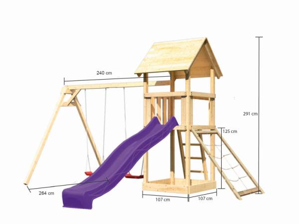 Akubi Spielturm Lotti mit Doppelschaukel, Netzrampe und Rutsche violett