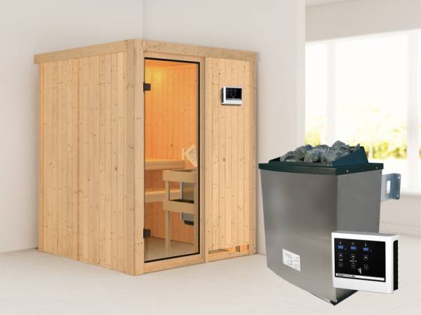 Karibu Sauna Norin- klassische Saunatür- 4,5 kW Ofen ext. Strg- ohne Dachkranz