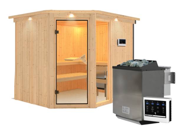 Fiona 3 - Karibu Sauna inkl. 9-kW-Bioofen - mit Dachkranz -