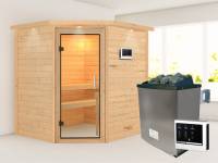 Karibu Sauna Mia inkl. 9 kW Ofen ext. Steuerung, mit Klarglas Ganzglassaunatür -mit Dachkranz-