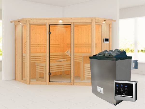 Karibu Sauna Alcinda mit Dachkranz- 9 kW Ofen Ext. Strg 68 mm
