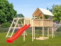 Akubi Spielturm Danny Satteldach + Rutsche rot + Doppelschaukelanbau Klettergerüst + Anbauplattform XL