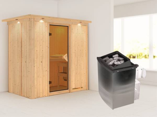 Karibu Sauna Variado- klassische Saunatür- 4,5 kW Ofen integr. Strg- mit Dachkranz