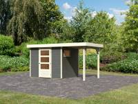 Karibu Woodfeeling Gartenhaus Oburg 3 terragrau mit Anbaudach 1,5 Meter