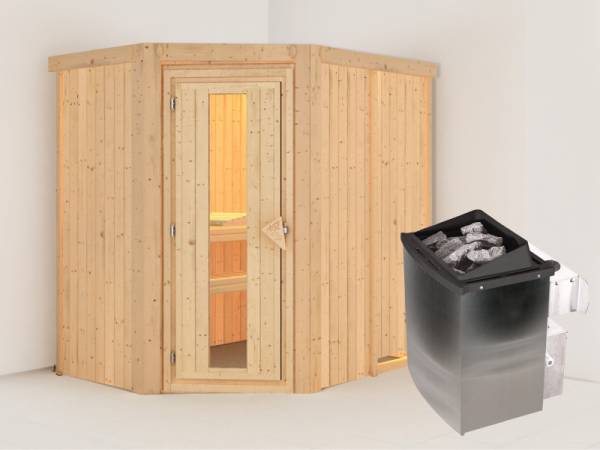 Karibu Sauna Carin inkl. 9 kW Ofen integr. Steuerung, mit energiesparender Saunatür - ohne Dachkranz -