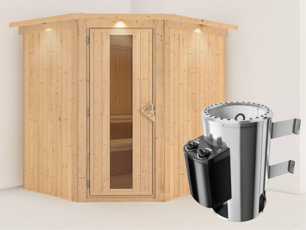 Lilja - Karibu Sauna Plug & Play 3,6 kW Ofen, int. Steuerung - mit Dachkranz - Energiespartür