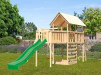 Akubi Spielturm Danny Satteldach + Rutsche grün + Einzelschaukel + Anbauplattform XL + Kletterwand