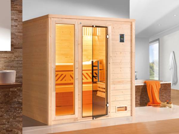 Weka Premium Sauna Bergen 2, inkl. Sparset mit 7,5 kW Bios inkl. Steuerung, Ganzglastür und Fenster