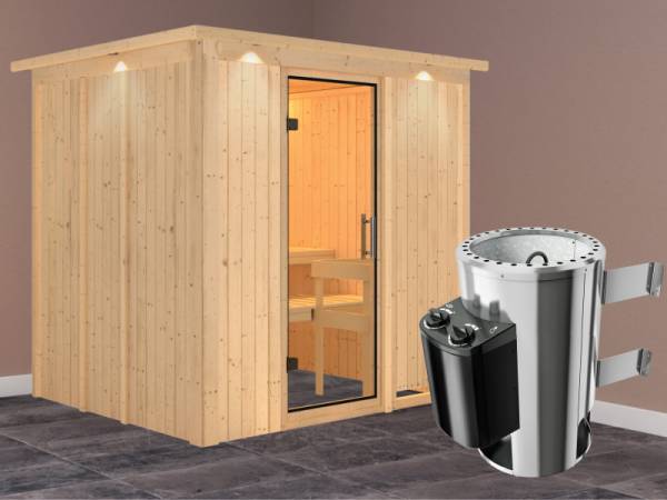 Daria - Karibu Sauna Plug &amp; Play 3,6 kW Ofen, int. Steuerung - mit Dachkranz - Klarglas Ganzglastür