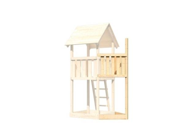 Akubi Spielturm Lotti Satteldach + Schiffsanbau oben + Anbauplattform + Doppelschaukel mit Klettergerüst + Kletterwand + Rutsche in violett