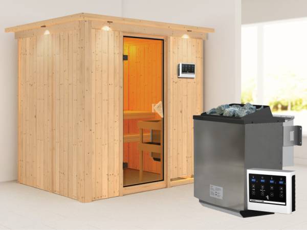 Karibu Sauna Bodin inkl. 9 kW Bioofen ext. Steuerung, mit bronzierter Saunatür -mit Dachkranz-