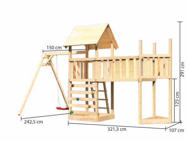 Akubi Spielturm Lotti Satteldach + Schiffsanbau oben + Einzelschaukel + Anbauplattform XL + Kletterwand