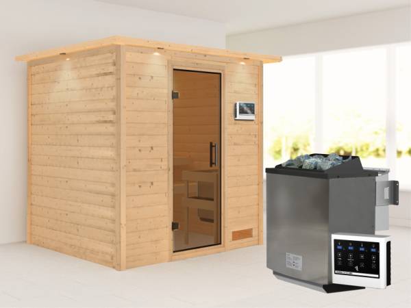 Karibu Sauna Anja inkl. 9 kW Bioofen ext. Steuerung mit moderner Saunatür -mit Dachkranz-