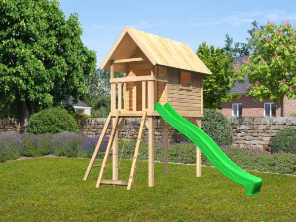 Akubi Stelzenhaus Gernegross naturbelassen mit Rutsche in grün + Netzrampe
