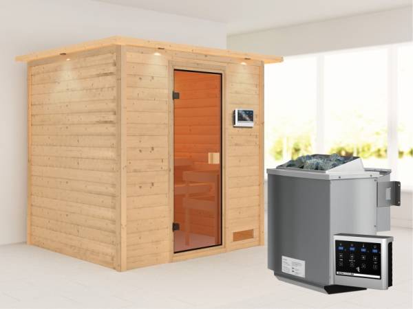 Karibu Woodfeeling Sauna Anja - Classic Saunatür - 4,5 kW BIO-Ofen ext. Strg. - mit Dachkranz
