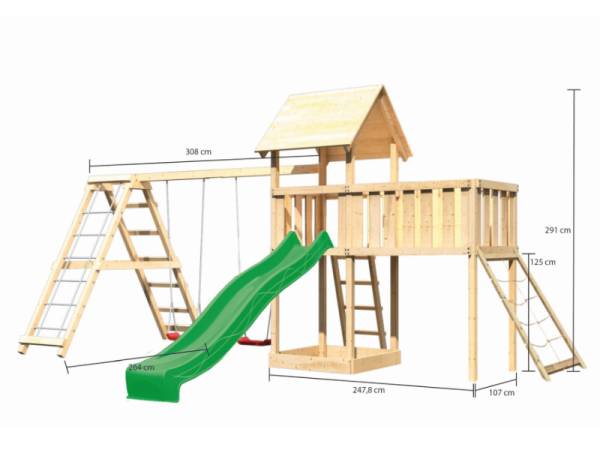 Akubi Spielturm Lotti Satteldach + Rutsche grün + Doppelschaukel Klettergerüst + Anbauplattform XL + Netzrampe