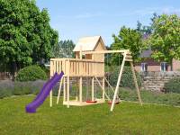 Akubi Stelzenhaus Frieda + Rutsche violett + Doppelschaukel + Anbauplattform + Netzrampe