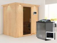 Karibu Sauna Bodin- moderne Saunatür- 4,5 kW Bioofen ext. Strg- mit Dachkranz