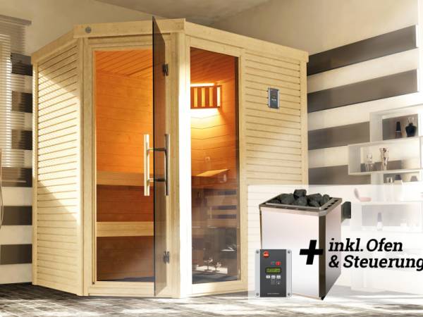 Weka Sauna Cubilis Eck 1, inkl. 4,5 kW Ofen inkl. digitaler Steuerung (OS), mit Glastür, Fenster und Montage