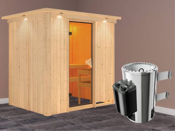 Fanja - Karibu Sauna Plug &amp; Play inkl. 3,6 kW-Ofen - mit Dachkranz -