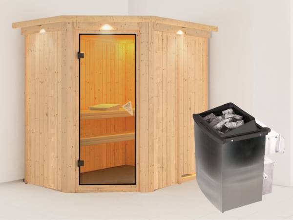 Karibu Sauna Carin- klassische Saunatür- 4,5 kW Ofen integr. Strg- mit Dachkranz