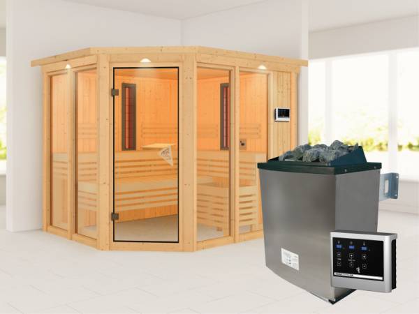 Karibu Multifunktions-Sauna Ava mit Dachkranz, 9 kW Ofen und Infrarotstrahler