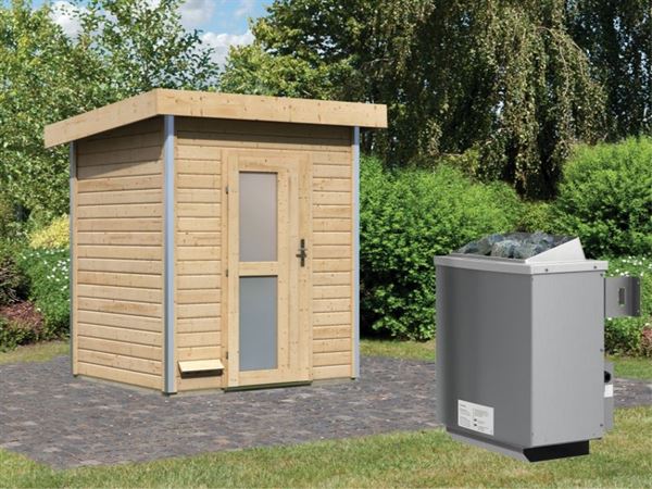 Karibu 38 mm Saunahaus Jorgen - 9 kW Ofen, int. Steuerung - Milchglastür Karibu 38 mm Saunahaus Jorgen - 9 kW Ofen, int. Steuerung - Milchglastür