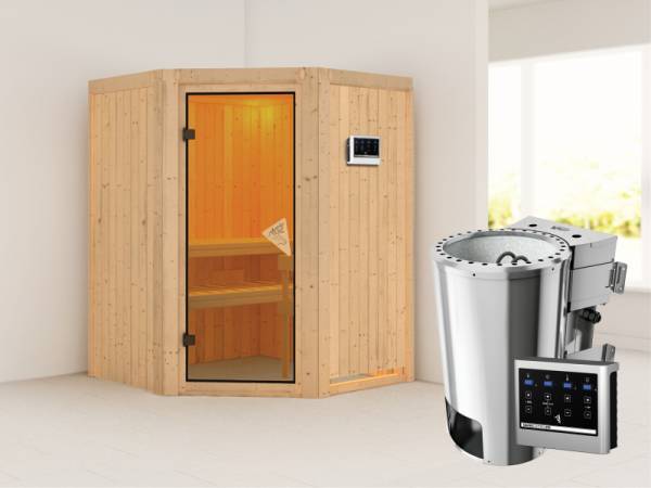 Nanja - Karibu Sauna Plug & Play inkl. 3,6 kW-Bioofen - ohne Dachkranz -
