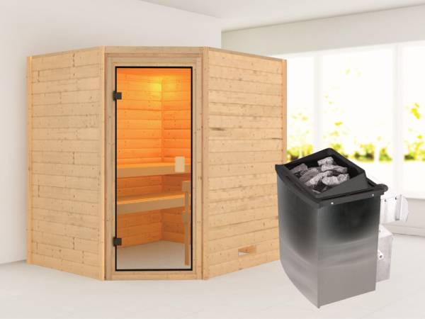Karibu Sauna Mia- klassische Saunatür- 4,5 kW Ofen integr. Strg- ohne Dachkranz