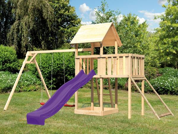 Akubi Spielturm Lotti Satteldach + Rutsche violett + Doppelschaukel + Anbauplattform + Netzrampe Akubi Spielturm Lotti Satteldach + Rutsche violett + Doppelschaukel + Anbauplattform + Netzrampe