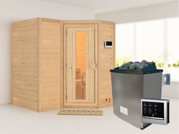 Karibu Sauna Sahib 1 inkl. 9-kW-Ofen mit externer Steuerung, ohne Dachkranz, mit energiesparender Saunatür