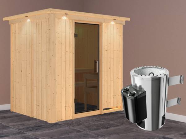 Fanja - Karibu Sauna Plug &amp; Play 3,6 kW Ofen, int. Steuerung - mit Dachkranz - Moderne Saunatür
