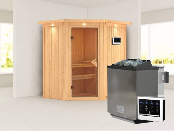 Karibu Sauna Taurin- klassische Saunatür- 4,5 kW Bioofen ext. Strg- mit Dachkranz