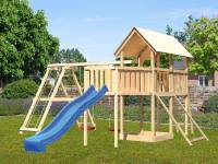 Akubi Spielturm Danny Satteldach + Rutsche blau + Doppelschaukelanbau Klettergerüst + Anbauplattform XL + Netzrampe