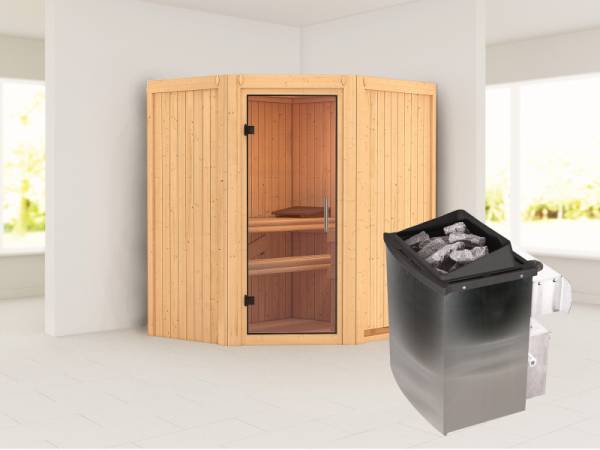 Karibu Sauna Taurin inkl. 9 kW Ofen integr. Steuerung, mit klarglas Ganzglastür -ohne Dachkranz -